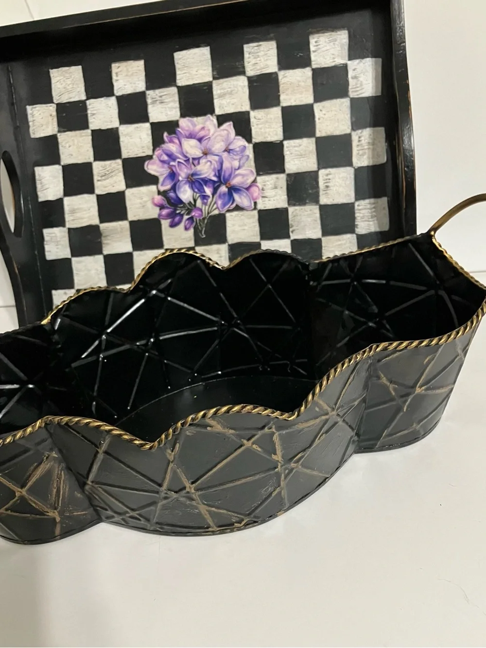 Metal Tray Decorative Black and Gold Scalloped Planter with Spider Web Design